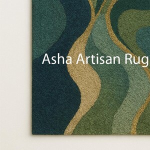 Modern Abstract Green Hand Tufted Rug, Luxury Wave Pattern Area Rug with Gold Accents, Contemporary Designer Carpet for Living Room image 2
