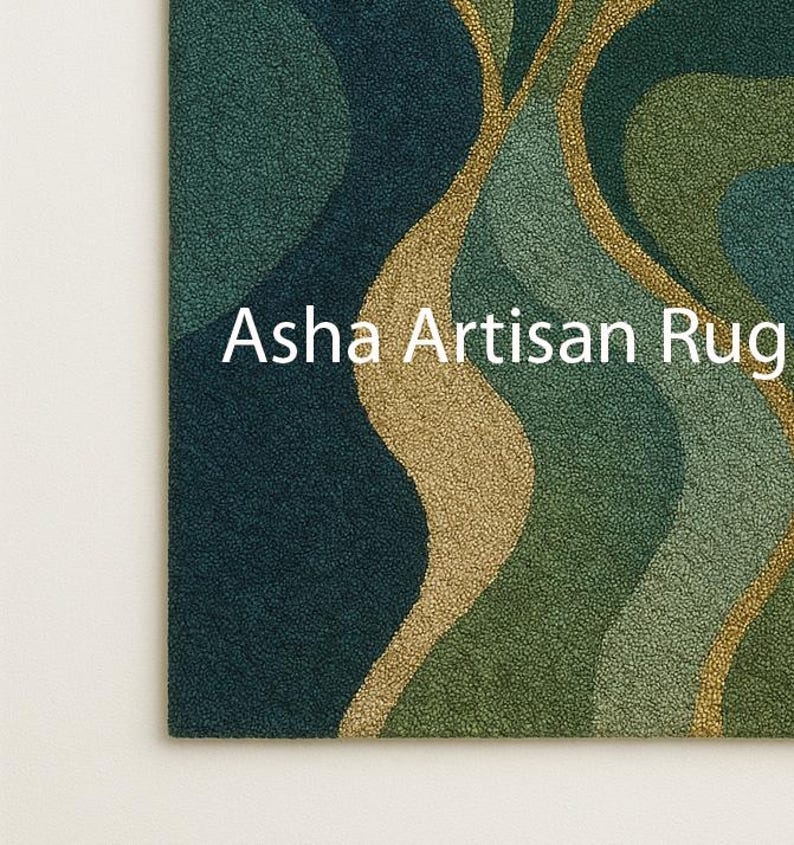 Modern Abstract Green Hand Tufted Rug, Luxury Wave Pattern Area Rug with Gold Accents, Contemporary Designer Carpet for Living Room image 2