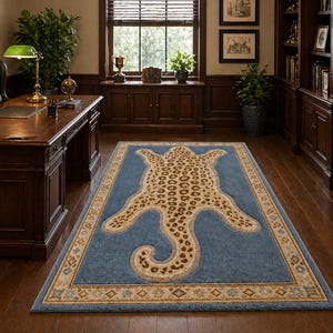 Leopard Rug Animal Shaped Blue Bordered Statement Rug