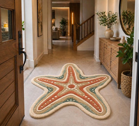 Starfish Rug Coastal Bath Mat Beach House Decor Ocean Inspired Rug