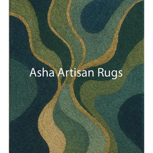 Modern Abstract Green Hand Tufted Rug, Luxury Wave Pattern Area Rug with Gold Accents, Contemporary Designer Carpet for Living Room image 1