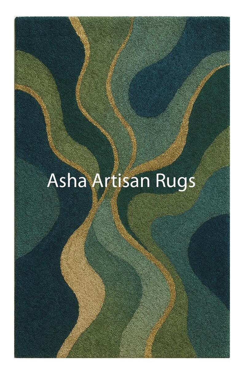 Modern Abstract Green Hand Tufted Rug, Luxury Wave Pattern Area Rug with Gold Accents, Contemporary Designer Carpet for Living Room image 1
