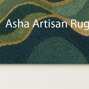 Modern Abstract Green Hand Tufted Rug, Luxury Wave Pattern Area Rug with Gold Accents, Contemporary Designer Carpet for Living Room image 3