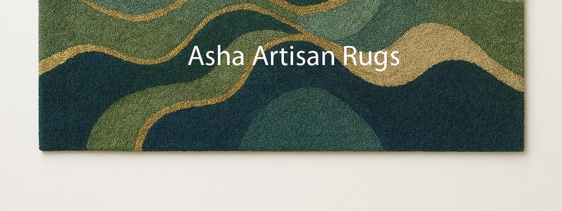 Modern Abstract Green Hand Tufted Rug, Luxury Wave Pattern Area Rug with Gold Accents, Contemporary Designer Carpet for Living Room image 3