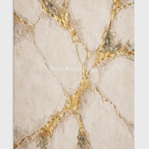 Può includere: Un tappeto rettangolare con una superficie beige testurizzata caratterizzata da un motivo ramificato di venature dorate metalliche e accenti grigio scuro. Il testo "Asha Artian Rugs" è stampato in bianco sul design della superficie.