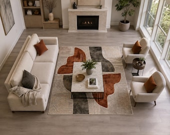 Modern Abstract Hand Tufted Wool Rug Earth Tone Area Rug Contemporary Scandinavian Living Room Decor