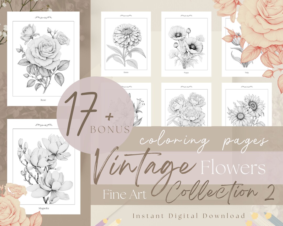 Vintage Flowers Coloring Pages Collection 2, Fine Art Coloring ...