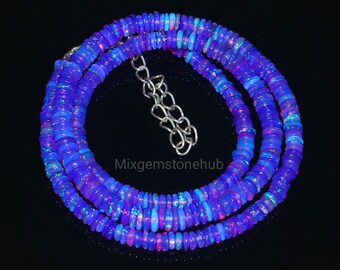 Natural Ethiopian Welo Fire Opal Necklace, Purple Opal Beaded Necklace, Rondelle Opal Necklace, Handmade Gemstone Jewelry, 16 Inch Gift