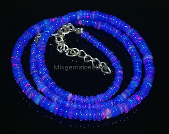 Natural Ethiopian Welo Fire Opal Necklace, Purple Opal Beaded Necklace, Rondelle Opal Necklace, Handmade Gemstone Jewelry, 16 Inch Gift