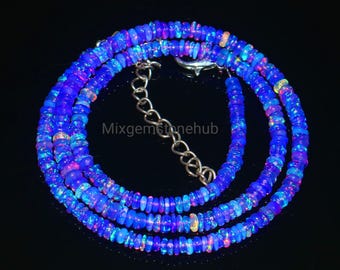 Natural Ethiopian Welo Fire Opal Necklace, Purple Opal Beaded Necklace, Rondelle Opal Necklace, Handmade Gemstone Jewelry, 15 Inch Gift