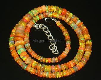 Natural Ethiopian Welo Opal Rondelle Beaded Necklace, 16 Inch Fire Opal Beads Necklace Gifted Jewelry