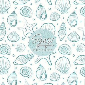 Sea Shells Seamless Pattern Beach Seamless File Gender Neutral Summer Seamless Pattern Ocean Nautical Seashell Seamless Coastal White Teal