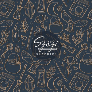 May include: Dark blue seamless pattern featuring gold line art of magical elements like crystals, potion bottles, brooms, moons, and spell books. The design includes the text "Sziszi Graphics" in a circular logo.