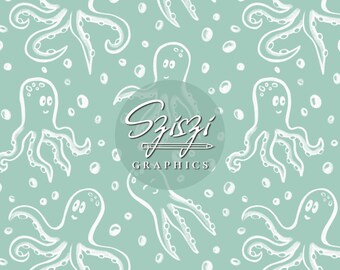 May include: A repeating pattern of white cartoon octopuses and bubbles on a light teal background. The octopuses have smiling faces and are drawn with simple lines. The image includes the text "Sziszi Graphics" in a circular design.