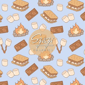 May include: A repeating pattern on a light blue background featuring illustrations of s'mores, chocolate bars, marshmallows, and campfires. A circular tan overlay in the center displays the white cursive text Sziszi and the word GRAPHICS below it.