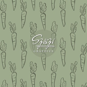 Modello senza cuciture di carote per bambini, motivo pasquale senza cuciture, motivo boho primaverile, orto, verdure, verde salvia