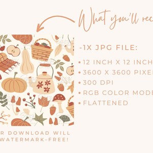 May include: A seamless pattern featuring autumnal elements in warm tones. The pattern includes pumpkins, gourds, leaves, mushrooms, teapots, and baskets filled with apples. The background is a light cream color.
