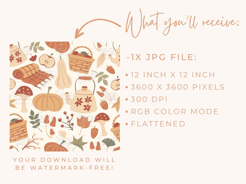 May include: A seamless pattern featuring autumnal elements in warm tones. The pattern includes pumpkins, gourds, leaves, mushrooms, teapots, and baskets filled with apples. The background is a light cream color.