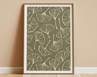 Hand Drawn Ginkgo Biloba Leaves Japanese Japandi Wall Art Sage Green Boho Botanical, Printable