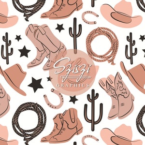Western Seamless File Rodeo Seamless Pattern Cowboy Fabric Design Repeat Cowboy Boots Cowboy Hat Country Southwest Wild West Texas Neutral