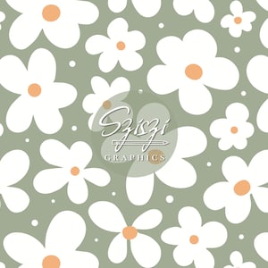 May include: A seamless pattern featuring white daisies with orange centres on a sage green background. The pattern is repeated throughout the image. The text "Sziszi Graphics" is in the centre of the image.