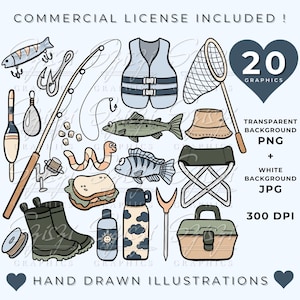 Ensemble de cliparts pêche pêcheur thème Clip Art garçon été Clipart matériel de pêche équipement Doodle Illustration Bundle PNG usage commercial dessiné à la main