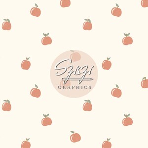 Puede incluir: Un patrón repetitivo de manzanas de dibujos animados en tonos naranja y rojo con hojas verdes sobre un fondo crema. Un logotipo circular con el texto "Szizi Graphics" está en el centro.