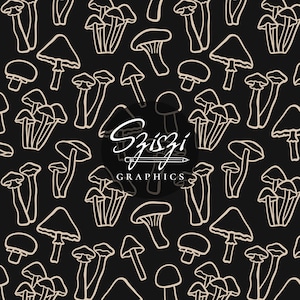 Hand Drawn Mushroom Seamless Pattern Dark Cottage Core Moody Witchy Woodland Enchanted Forest Fungi