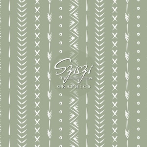 Op de afbeelding: Een naadloos patroon met een groene achtergrond en witte geometrische vormen. Het patroon bevat lijnen, stippen en pijlen. De tekst "Sziszgi Graphics" staat in het midden van de afbeelding.