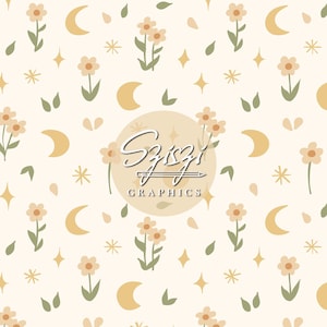 Padrão Boho de Primavera Desenhado à Mão Sem Costura, Design Floral Celestial Sem Costura, Flores de Margarida Boho Neutras