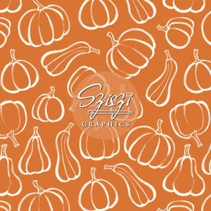 May include: Orange background with a repeating pattern of white outlined pumpkins and gourds. The pumpkins vary in shape and size, with some round and others elongated. The image includes the text "Szizi Graphics".