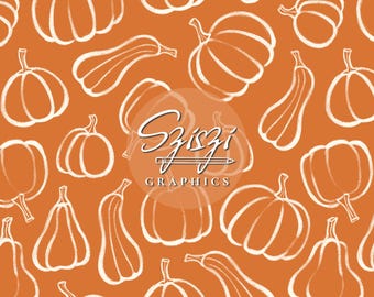 May include: Orange background with a repeating pattern of white outlined pumpkins and gourds. The pumpkins vary in shape and size, with some round and others elongated. The image includes the text "Szizi Graphics".