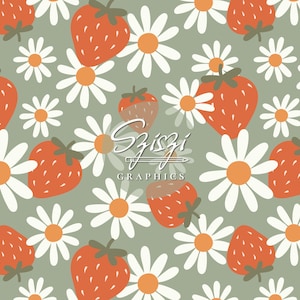 Strawberry Daisy Seamless Pattern, Groovy Floral Pattern With Strawberries, Spring Daisies Sage Olive Green Repeating Pattern, Seamless File