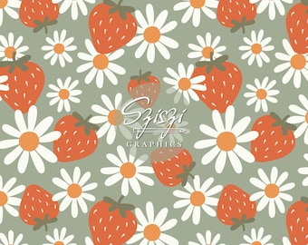 Strawberry Daisy Seamless Pattern Groovy Floral Seamless File Strawberries Retro Spring Design Hand Drawn