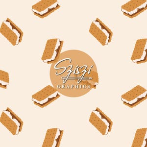 May include: A repeating pattern of graham cracker sandwiches with marshmallow and chocolate filling on a cream background. A brown circle with the text "Szizi Graphics" is in the center.