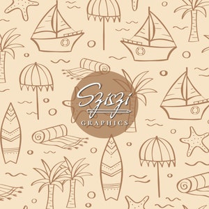 Padrão Boho Sem Costura de Verão Neutro Rabiscos de Surf Costeiro Contorno Boho Vida de Praia, Desenhado à Mão