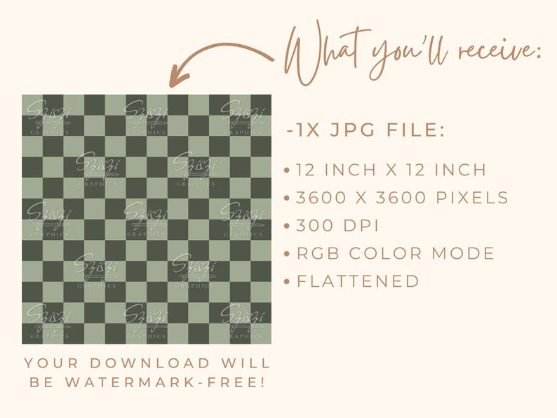 May include: Digital download featuring a checkered pattern in olive green and dark green squares. The image includes details about the file, such as its 12-inch by 12-inch size, 3600 x 3600 pixels, and 300 DPI. The text states the download is watermark-free.