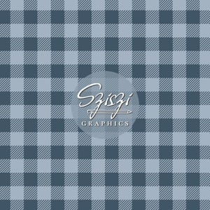 Puede incluir: Un diseño digital con un patrón de cuadros vichy azul y gris. El patrón se compone de cuadrados alternos de azul claro y azul oscuro, creando un efecto de cuadros clásico. El diseño incluye el texto "Sziszi Graphics" en fuente blanca.