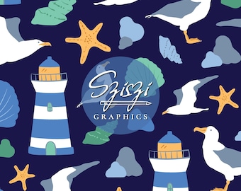 Boy Summer Seamless Pattern Kids Coastal Seamless File Nautical Lighthouse Albatross Beach