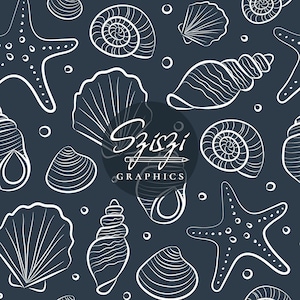 Sea Shells Seamless Pattern Beach Seamless File Mermaid Seamless Beachy Summer Seamless Ocean Seashells Coastal Seamless Neutral Dark Blue