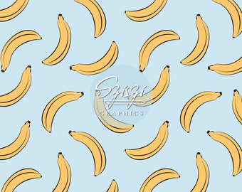 May include: A seamless pattern featuring yellow bananas on a light blue background. The pattern is repeated throughout the image. The text "Sizz Graphics" is in the center of the image.