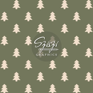 Puede incluir: Patrón repetido de árboles de Navidad beige claro sobre un fondo verde apagado. Un logotipo circular con el texto "Sziszi Graphics" está en el centro de la imagen. Los árboles están espaciados uniformemente.