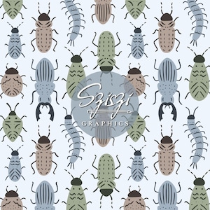 Peut inclure: Motif répété d'insectes stylisés de différentes couleurs, dont le bleu, le vert et le marron, sur un fond bleu clair. Le motif présente des coléoptères et des créatures ressemblant à des mille-pattes. L'image comprend le texte "Sziszi Graphics".