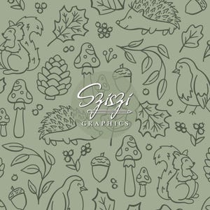 Puede incluir: Un patrón sin costuras con ilustraciones dibujadas a mano de criaturas del bosque y follaje en tonos verdes y blancos. El diseño incluye ardillas, erizos, setas, bellotas, hojas y bayas. El texto "Sziszi Graphics" está en el centro.