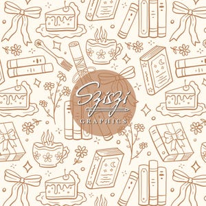 May include: A repeating pattern with brown line drawings of books, cake slices, teacups, bows, and flowers on a cream backdrop. The design includes the text "Sziszi Graphics" in a circular arrangement.