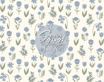 Patrón floral azul sin costuras dibujado a mano, flores silvestres neutras, bohemio, sin costuras, primavera, verano, botánico, cottagecore