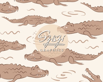 Crocodile Seamless File Alligator Boy Seamless Pattern Wild Animal Neutral Earth Tones, Hand Drawn
