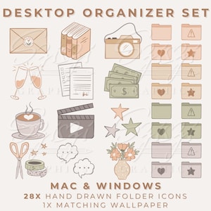 Desktop Organizer Wallpaper 28 Hand Drawn Folder Icons, Cute Desktop Folder Icon Pack for Mac Windows PC, Muted Aesthetic, Digital Download