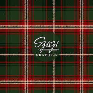 Op de afbeelding: Een digitaal patroon met een klassiek tartan ruitontwerp met kruisende lijnen in donkergroen, felrood en dunne crèmekleurige strepen. In het midden staat een rond logo met de witte tekst Sziszi GRAPHICS en een potloodicoon.