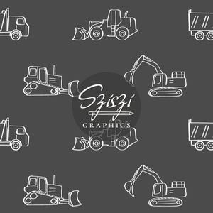 Construction Vehicles Seamless Pattern Builder Seamless File Boy Bulldozer Excavator Truck Boho Dark Grey Repeat Pattern, Hand Drawn